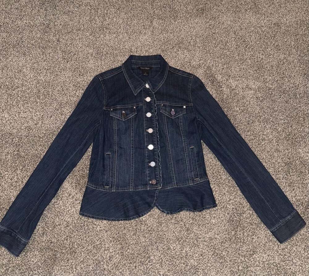 White House Black Market Dark Wash Denim Ruffle Peplum Jacket Size 2